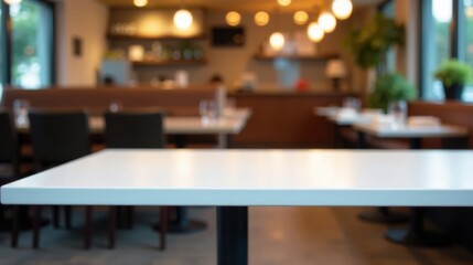 Empty white table in a modern restaurant setting with blurred background showing cozy ambiance and other tables