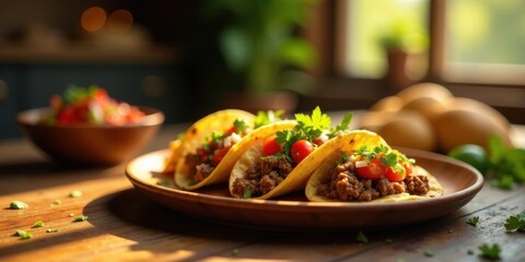 Savory Ground Beef Tacos with Fresh Herbs and Tomatoes on Rustic Wooden Table