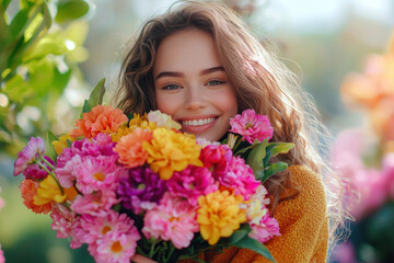 Fototapeta premium Smiling woman holding a colorful bouquet of fresh flowers in a sunny garden.
