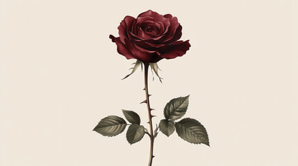 A deep crimson rose in a classic botanical illustration style, velvety petals with darker edges, tall stem with a few thorns