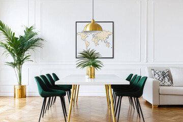 Fototapeta premium Stylish dining area featuring modern furniture and vibrant decor elements.