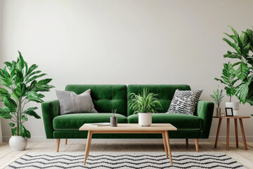 Stylish living room featuring a green sofa and vibrant indoor plants for a refreshing vibe.