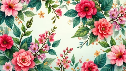 Selbstklebende Fototapeten Vibrant Floral Composition Featuring a Bountiful Array of Pink and Red Blossoms, Lush Green Foliage, and Delicate Springtime Blooms Arranged in a Symmetrical Pattern on a Soft, Pastel Background © Angel Pic