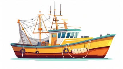 Cartoon Trawler Boat with Fishing Net Icon - Marine Vessel Illustration for Designs and Projects
