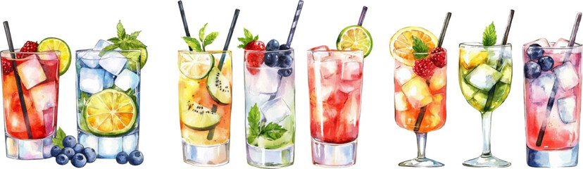 Set of cocktails in glasses watercolor png. Various cocktails in a glass filled with ice cubes and fruits with berries. Fruit cocktails. Bar summer drinks. Vector illustration.