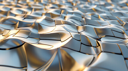 Fototapeta premium Abstract metallic surface with flowing, wave-like patterns reflecting light.