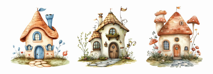 Set of fairy cute houses watercolor. Fairytale houses in cartoon style. Elements for children's illustration. Fantasy house in and magic dwelling. Vector illustration.