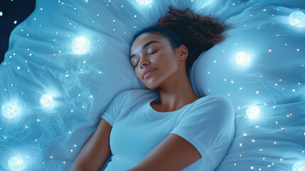 Woman peacefully sleeping surrounded by soft lights and a serene atmosphere.