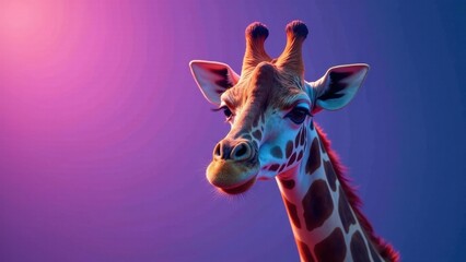 Close-up portrait of a giraffe illuminated with vibrant purple and pink lighting against a solid background