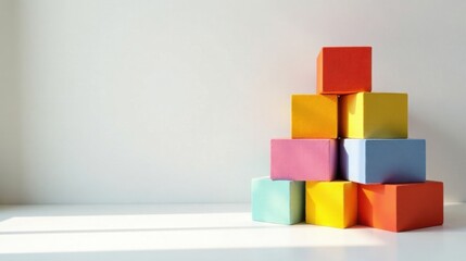 Obraz premium Pastel-Colored Cubes Arranged in a Pyramid Shape Against a White Background in Soft Light