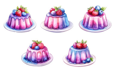 Set of berry jelly watercolor png. Gelatin dessert decorated with forest berries in cartoon watercolor style. Berry jelly pudding on a plate. Vector illustration