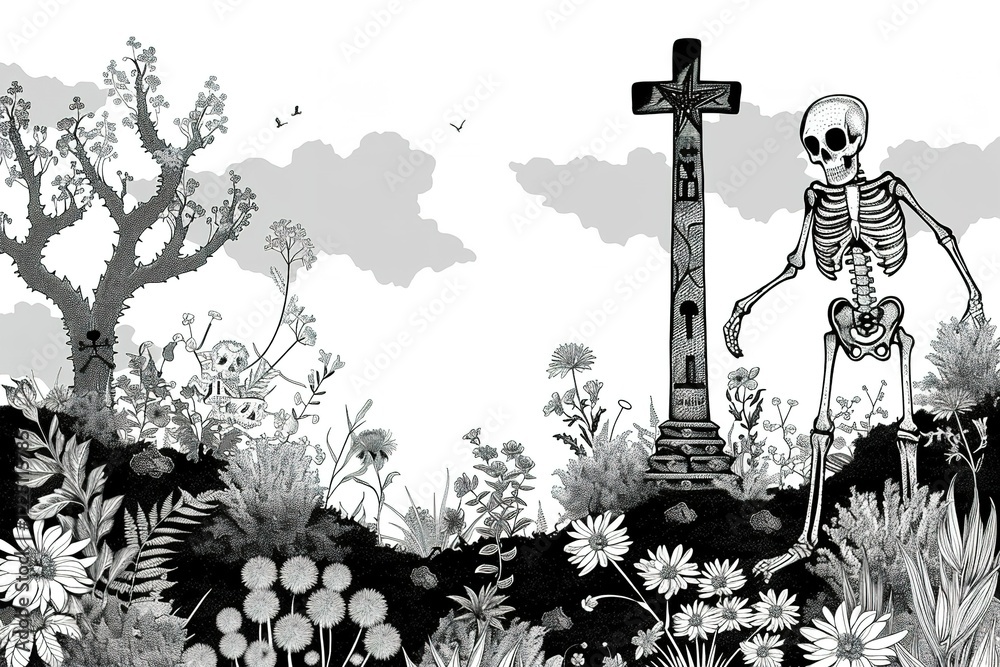Fototapete day of the dead rule of thirds, corner right side placed, and blank banner template without text , o