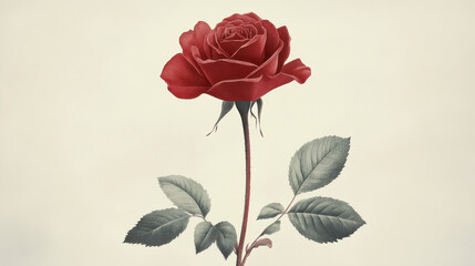 Obraz premium A deep crimson rose in a classic botanical illustration style, velvety petals with darker edges, tall stem with a few thorns