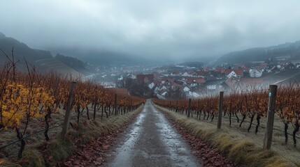 Misty autumn vineyard path leads to a quaint village nestled in a valley. Perfect for wine, travel, and autumnal themes.