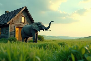 Obraz premium Serene rural landscape featuring a majestic elephant near a rustic wooden house, bathed in the warm glow of the setting sun.