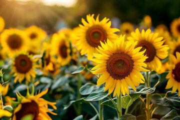 Fototapeta premium Sunflowers stand radiant in vibrant field, showcasing their bright yellow petals and rich brown centers, evoking joy and warmth