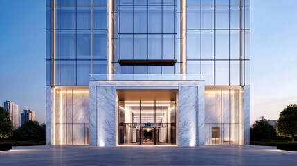 Obraz premium Modern Glass Skyscraper Entrance at Dusk
