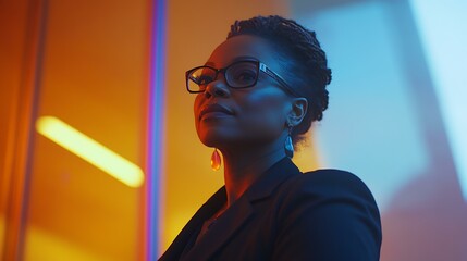 A poised Black businesswoman standing under bright lighting in a contemporary office, with subtle Black History Month-inspired hues in the background