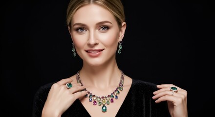 Obraz premium A glamorous woman wearing a sparkling multicolored gemstone necklace and matching earrings