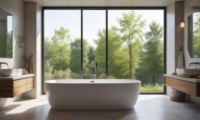 Freestanding tub in a bathroom with a floor-to-ceiling window, freestanding bathtub, peaceful