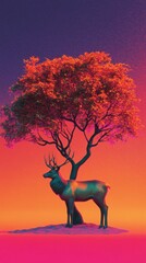 A vibrant scene featuring a majestic stag standing beneath a colorful tree. The fusion of nature and art creates a unique experience. Generative AI