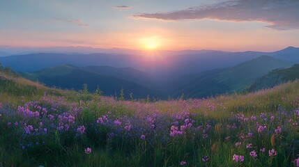 Obraz premium Mountain Sunrise with Wildflowers background