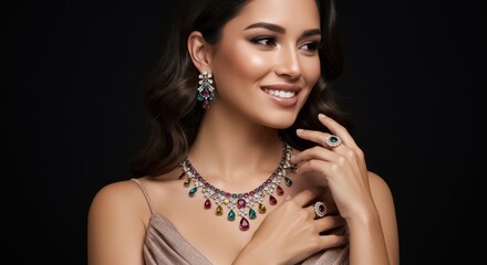 Obraz premium A glamorous woman wearing a sparkling multicolored gemstone necklace and matching earrings