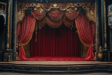 Fototapeta premium Ornate red velvet stage curtains, gold accents. Perfect backdrop for theatrical, vintage, or dramatic productions.