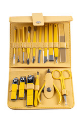 Manicure set kit in case, Manicure kit with stainless steel manicure and pedicure tools neatly organized in a yellow leather case. The kit includes essential grooming tools for nail care