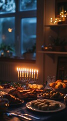 A beautifully arranged table is set for a festive celebration. The glowing candles create a warm atmosphere. Delicious dishes are ready to be enjoyed. Generative AI