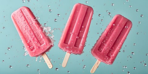 Three pink popsicles float in mid-air with droplets of melting ice, creating a fresh and delicious summer treat concept. The pastel blue background enhances the vibrant pink color.