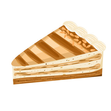 Illustration of a slice of almond cheesecake topped with whipe cream and almonds.