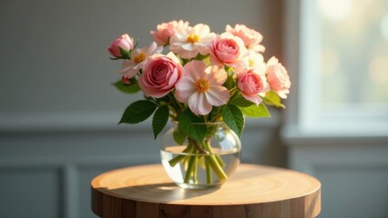 A delicate bouquet of pink roses and wildflowers arranged in a clear glass vase sits on a round wooden table bathed in sunlight.