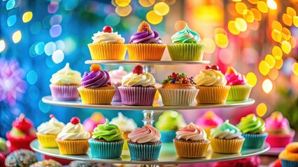 Vibrant dessert stand with an assortment of colorful cupcakes and sweet treats on a blurred background, sugary delights, table setting