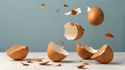 Brown eggshell fragments suspended in the air, creating a dynamic and artistic composition. The broken pieces symbolize fragility, transformation, and creative culinary concepts.