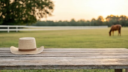 Straw hat resting on wooden table in horse pasture at sunset