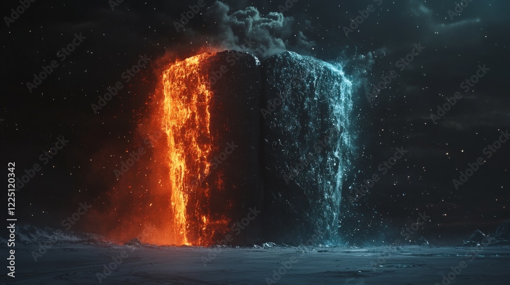 Aufkleber split-screen image of a melting glacier juxtaposed with a climate skepticism debate stock photo with