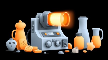 Artistic Representation of a Vintage Kitchen Mixer with Colorful Kitchenware and Ingredients