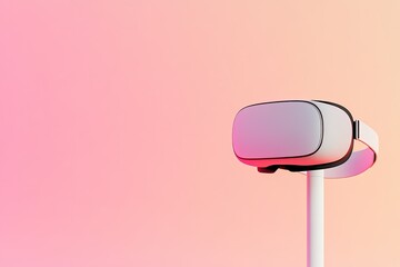 futuristic vr headset with sleek contours positioned on white stand against soft gradient background