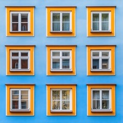 Fototapeta premium Nine windows with orange frames on a light blue wall creating a geometric pattern