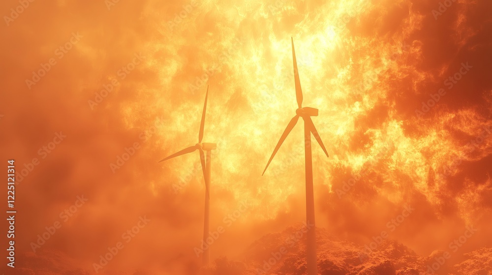 Poster wind turbines turning on a hilly landscape with golden sunlight streaming through stock photo with s