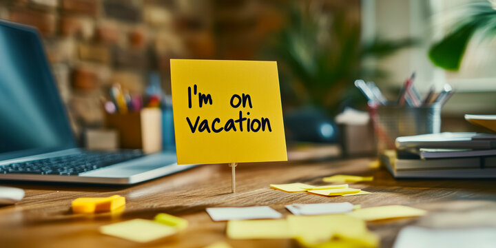 Close-up of a bright yellow note saying I'm on vacation, placed on a cluttered wooden desk filled with paper scraps and office supplies, lit by natural sunlight