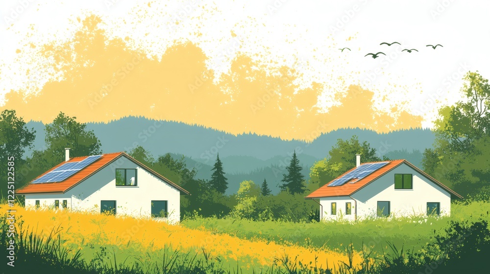 Poster illustration of energy-efficient smart homes utilizing multiple green energy sources stock photo wit