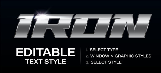 Metallic Editable text effect, Iron graphic style template. Customizable steel contour style. Vector illustration