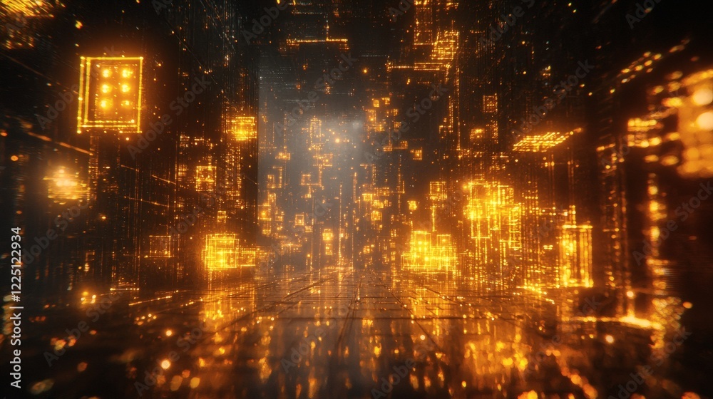 Poster conceptual image of urban renewable energy grids with glowing circuits stock photo with side copy sp