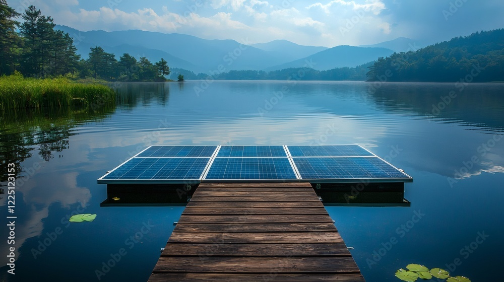 Poster floating solar panels on a serene lake with a backdrop of mountains stock photo with side copy space