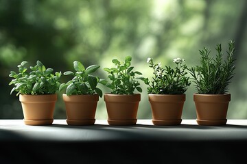 Fototapeta premium vibrant selection of spring herbs planted in small ceramic pots arranged on sunny windowsill