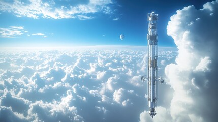 Obraz premium Futuristic tower reaches above clouds with a distant planet in a bright blue sky