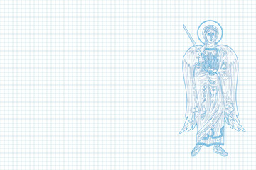 Archangel Uriel. Illustration sketch in Byzantine style on school sheet notebook paper pattern