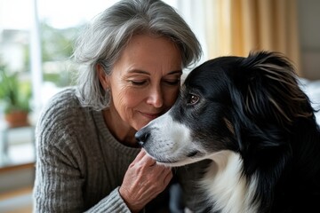 A gray-haired woman shares a tender moment with her black and white dog, emphasizing the deep connection and companionship between them in a cozy indoor setting.
